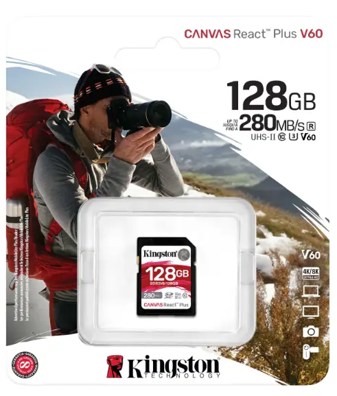 +ფლეშ მეხსიერების ბარათი Kingston 128GB SDXC Canvas React Plus UHS-II 280R/100W U3 V60 for Full HD/4K