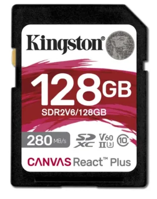 +ფლეშ მეხსიერების ბარათი Kingston 128GB SDXC Canvas React Plus UHS-II 280R/100W U3 V60 for Full HD/4K