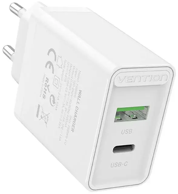 VENTION FBBW0-EU Two-Port USB(A+C) Wall Charger (18W/20W) EU-Plug White