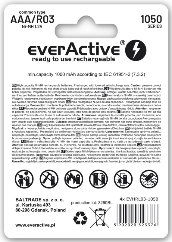 ელემენტი AAA აკუმულატორი - EverActive - NI-MH AAA 1.2V - Profesional Line - 1050 mAh - 1ც