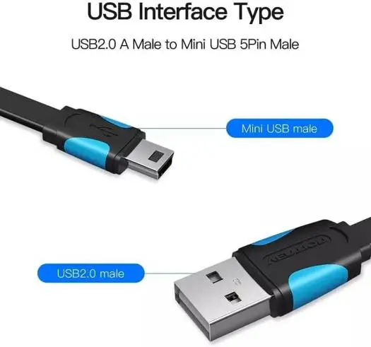 VENTION VAS-A14-B100 Flat USB2.0 A Male to Mini 5 Pin Male Cable 1M Black