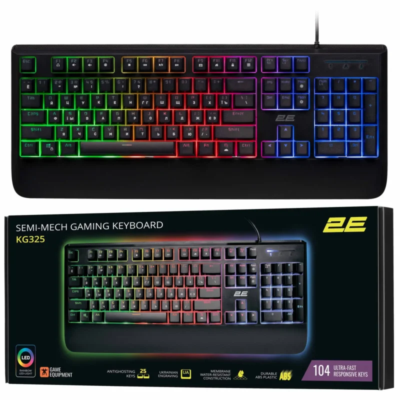 2E GAMING Membrane keyboard KG325 104key, USB-A, EN/UA/RU, LED, black