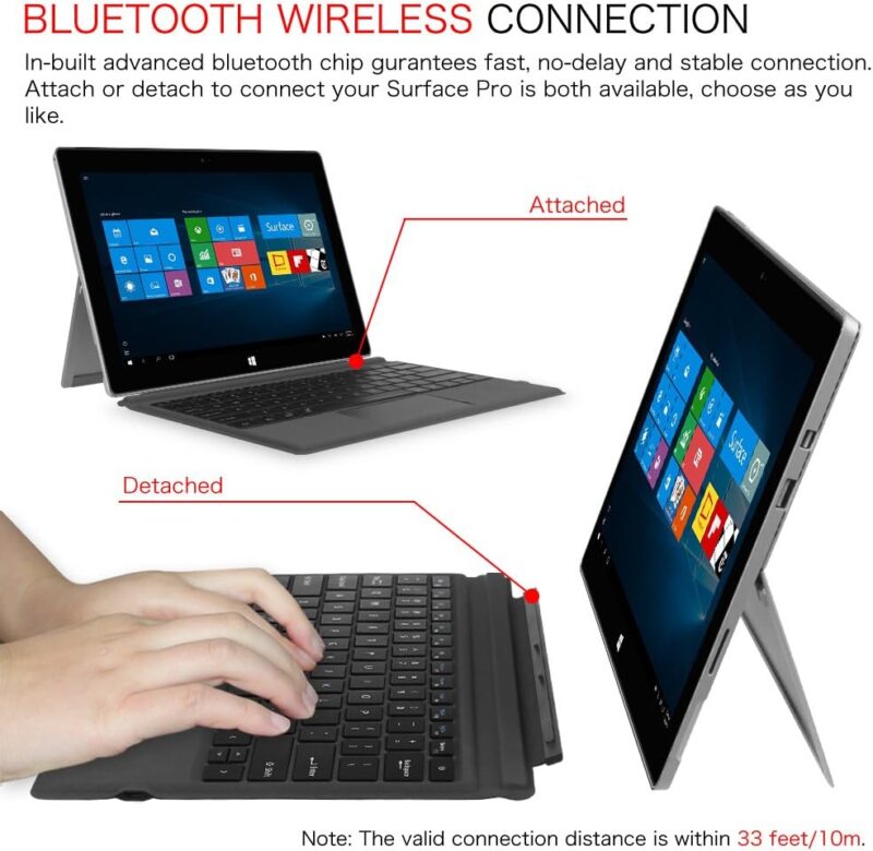 Fintie Microsoft Surface Pro 2017 / Pro 4 / Pro 3 Type Cover, Ultra-Slim Portable Wireless Bluetooth Keyboard with Two-Button