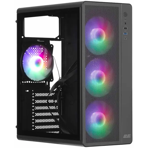 2E-V510B, PC case 2E GAMING Credo Plus V510B without PSU, 1xUSB3.0, 1х USB 2.0, 1xUSB Type-C, 4x120mm RGB Rainbow, VGA 310mm, TG Side Panel, ATX, blac