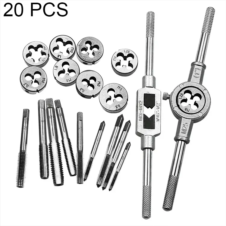 ხრახნმჭრელი 20 PCS Multi-specification Tap and Die Combination Set Hand Metric Wire Tapping Wrench Winch HC6116