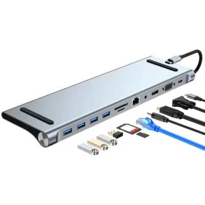 დოკ სადგური BYL-2003 AD-059 11 in 1 USB-C / Type-C to 4K HDMI + VGA + SD / TF Card Slot + Gigabit Ethernet + 3.5mm AUX + USB-C / Type-C + 4 USB 3.0
