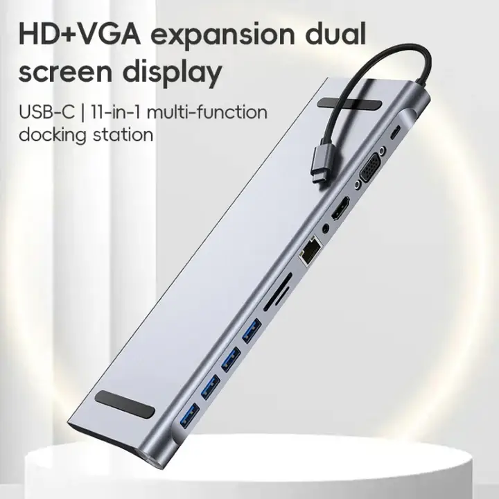 დოკ სადგური BYL-2003 AD-059 11 in 1 USB-C / Type-C to 4K HDMI + VGA + SD / TF Card Slot + Gigabit Ethernet + 3.5mm AUX + USB-C / Type-C + 4 USB 3.0