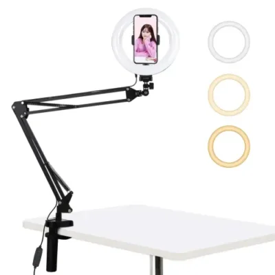 მაგიდის სანათი PKT3089B PULUZ 7.9 inch 20cm Ring Curved Light + Desktop Arm Stand USB 3 Modes Dimmable Dual Color Temperature LED Vlogging Selfie Photography Video Lights with Phone Clamp(Black)
