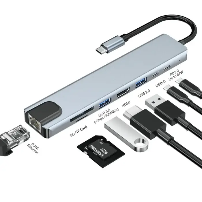დოკ სადგური JSM-HUB008 JUNSUNMAY 8 in 1 Type-C to 4K HDMI / Ethernet Docking Station Adapter PD Quick Charge Hub SD/TF Card Reader SYA0020428