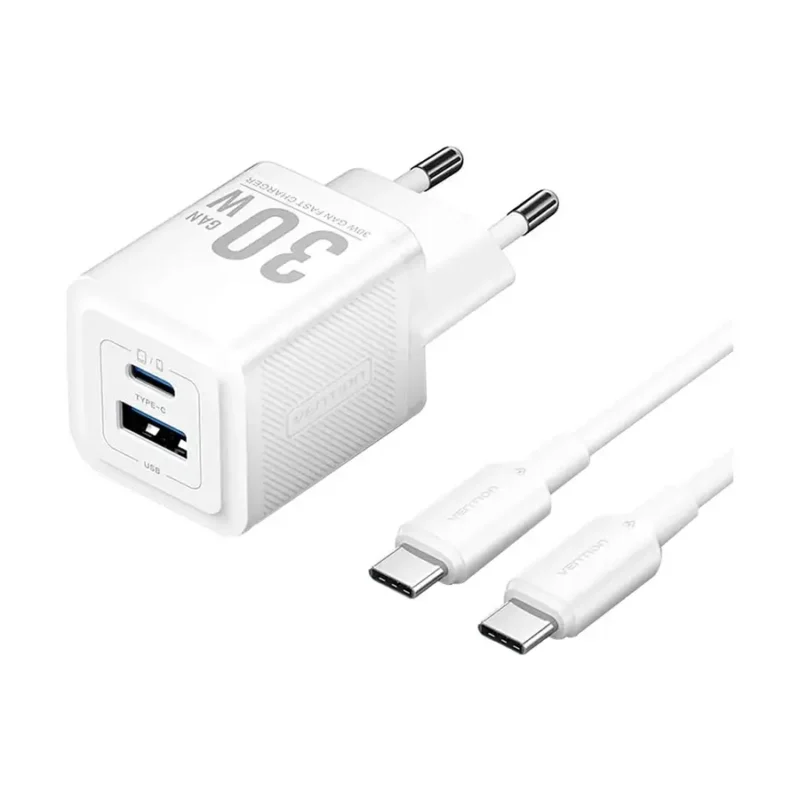 VENTION TZ-FEQW0-EU-01 2-Port USB (C + A) GaN Charger (30W/30W) with USB-C to USB-C Cable (1M) EU-Plug White