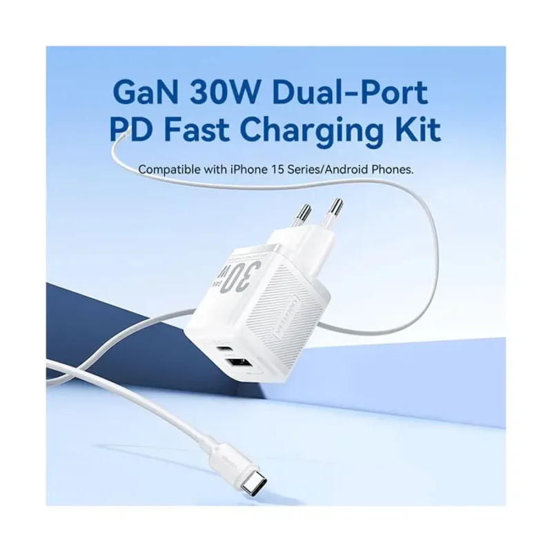 VENTION TZ-FEQW0-EU-01 2-Port USB (C + A) GaN Charger (30W/30W) with USB-C to USB-C Cable (1M) EU-Plug White