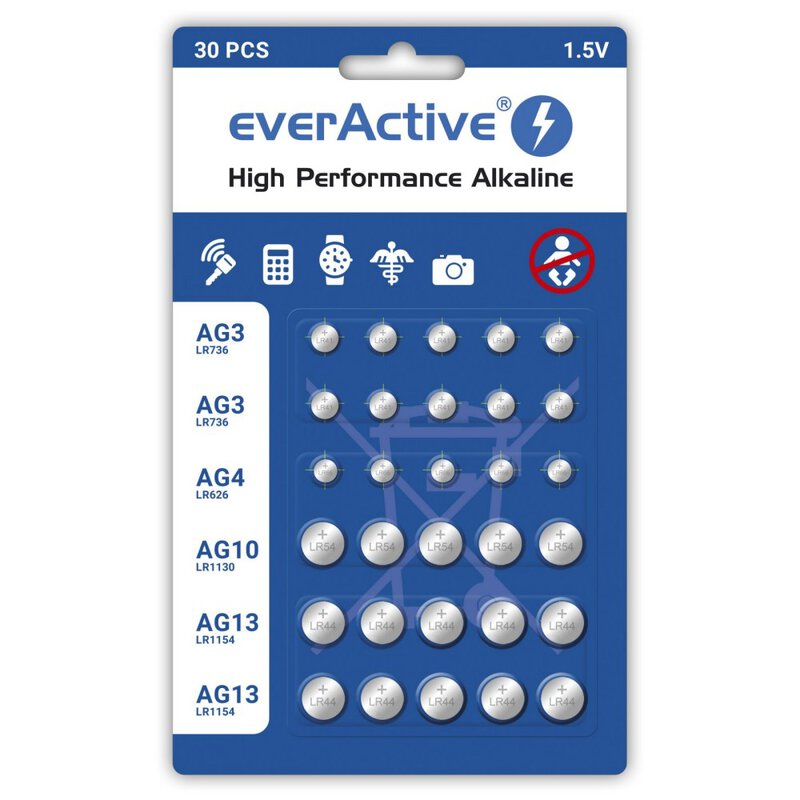 ელემენტები სხვადასხვა Zestaw bat. alk. G3; G4; G10; G13 everActive 30BL